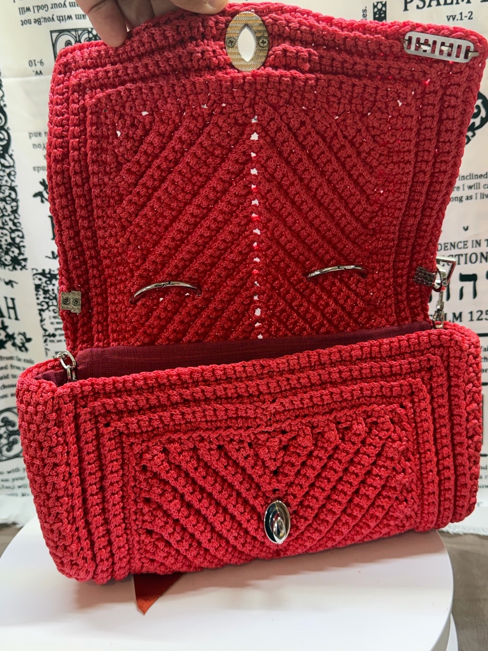 Handcrafted Red Crochet Top-Handle Bag with Scarf Accent - Picture 7 of 8